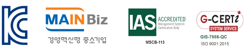 영우테크 인증 로고 (KC, 메인비즈, ISO 9001, G-CERTi)